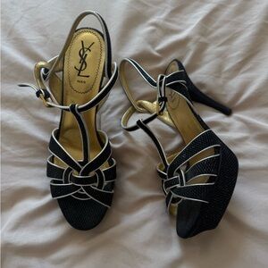 YSL | Gold Sparkling Black Strappy Paltform Heels
